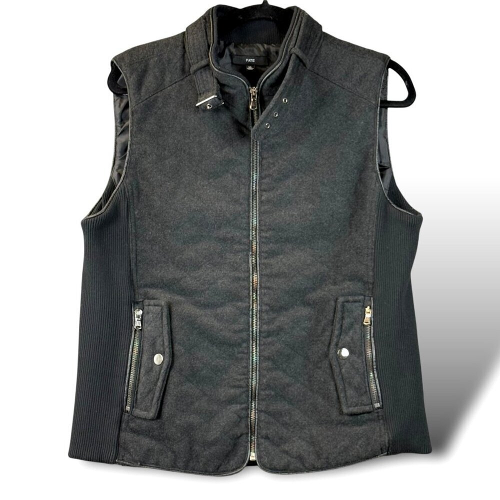 Fate Vest Womens Sz XL Black Wool Blend Quilted Full Zip Buckle Collar Rib Sides